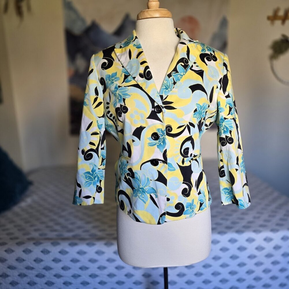 Tahari Arthur S. Levine Vintage Floral Blazer 12P Blue Yellow Botanical Cotton - Picture 3 of 16